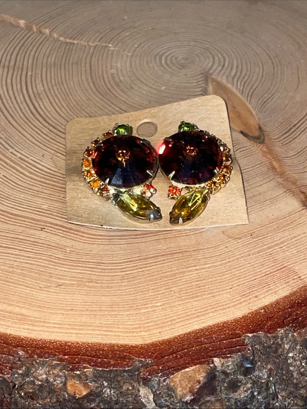 Vintage Juliana Style Rhinestone Clip On Earrings Purple Orange Rivoli